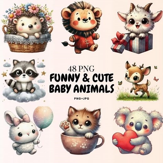 48 Cute Baby Animals Clipart PNGs | Watercolor Funny Kids Animals