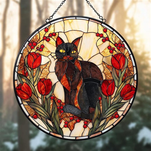 Black Cat Stained Glass Suncatcher With Red Flowers, Window Hanging Decor, Pet Keepsake Glass Suncatcher, Memorial Gift for Dog or Cat Lover - Etsy