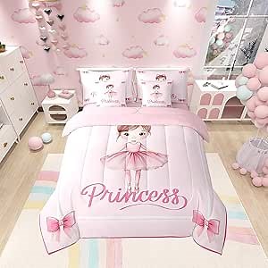 7 Pieces Princess Comforter Set Twin Size, Cute Ballerina Girl Bedding Set for Kids Princess Room Decor, Pink Bowknot Print Bed in a Bag with Comforter, Fitted Sheet, Flat Sheet and Pillowcases