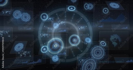 Central HUD holding as ripple starting nodes orbiting panels sliding and target pulsing for console