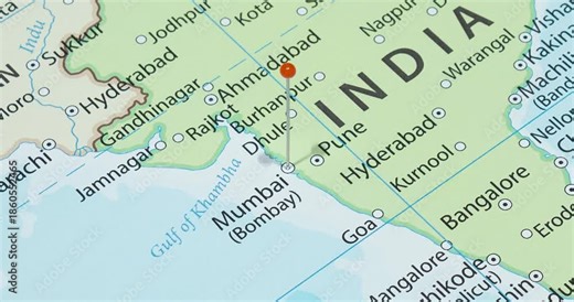 A zoom out of an orange pin into Mumbai city of India political map
