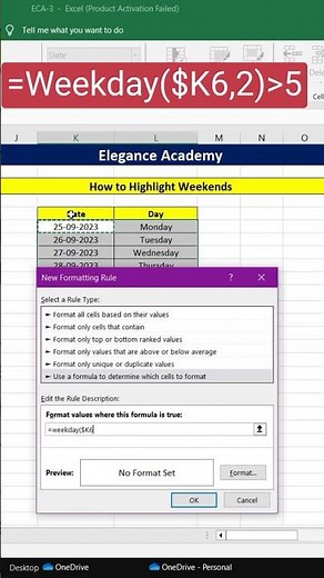 Excel Shortcut Trick- How to Highlight Weekend😛 #excel #msexcel #eleganceacademy #ytshorts #shorts