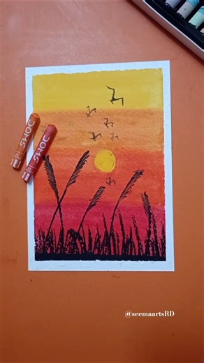 🌅 Beautiful Sunset Scenery Drawing | Easy Birds & Grass Landscape With Oil Pastels