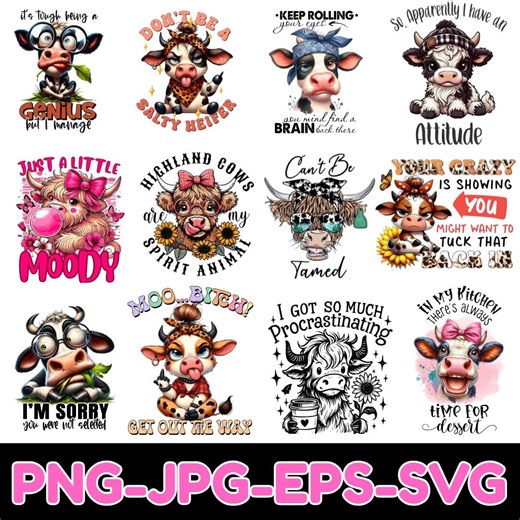 Cute Cow SVG PNG Bundle | Farm Animal Cow Cut Files | Highland Cow SVG | Cricut Silhouette Design - Etsy