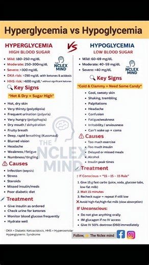 The NCLEX MIND on Instagram: "🟡 Hyperglycemia vs Hypoglycemia – MORE Informative NCLEX Golden Points 🔴 HYPERGLYCEMIA (High Blood Sugar) 📊 Blood glucose: >180 mg/dL. 🔑 Key Clinical Clues (NCLEX Favorite) • “Hot & Dry = Sugar High” •3 P’s: Polyuria, Polydipsia, Polyphagia • Dry skin, dehydration, dry mouth • Fruity (acetone) breath + deep rapid breathing (Kussmaul) → DKA • Blurred vision, headache, fatigue • Numbness/tingling (neuropathy sign). ⚠️ Emergency Red Flags • DKA: Glucose >250 mg/dL