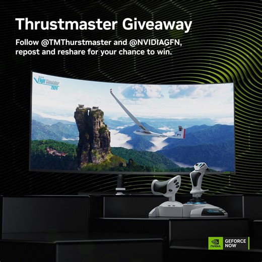 Here’s your chance to win a T.Flight Hotas One MSFS Edition 1 month of @NVIDIAGFN Ultimate. ☁️☁️ 🎁 How to enter 🎁 1. Follow both @TMThrustmaster and @NVIDIAGFN accounts on social 2. Repost this and share on your feed 5 lucky winners will be chosen - good luck! 🎉🎉 Terms and Conditions: https://www.nvidia.com/en-us/geforce-now/contests/thrustmaster-flightstick-giveaway/ | GeForce NOW