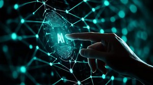 Download Artificial intelligence concept as a person touches an AI interface with finger for modern technology and innovation for free