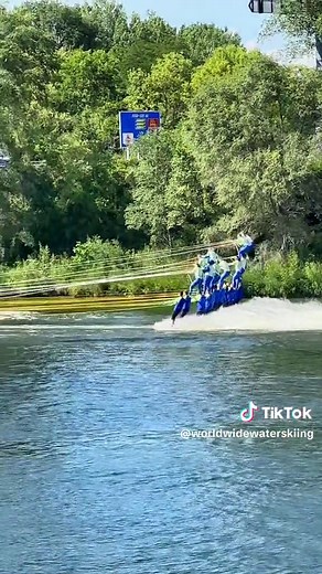 The Hartwick Huskies Water Ski Show team at the #mrssa show ski tournament in Waterloo, Iowa. #pyramid #showski #waterski #skitok