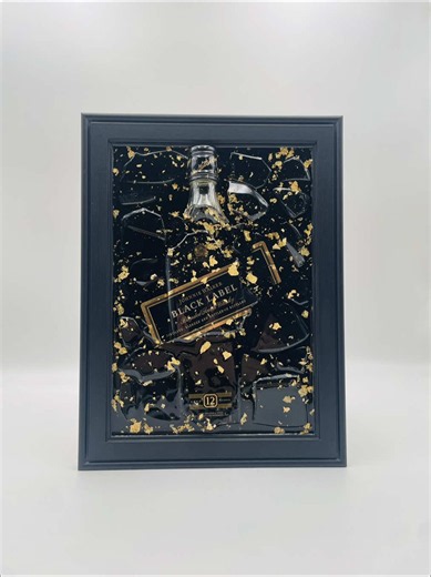 Revealing my Johnnie Walker Black Label broken bottle art. From smashing the bottle to preserving the iconic Black Label and signature black and gold details in a clean framed design. Every glass fragment is carefully placed to create a bold whisky inspired wall piece. #storeexplore #shoppingadventures #blacklabel #bottleart #whiskyart