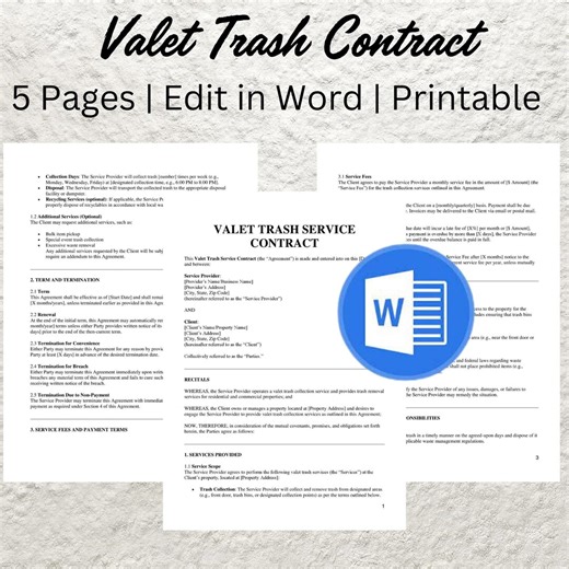 Valet Trash Service Contract Template: Editable Waste Removal Agreement (PDF & Word) - Etsy