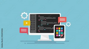 2d animation concept of software application development, mobile app interface design, coding and programming for webpage backend, technology 4k video clip.