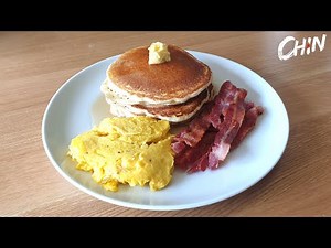 EASY!!! American Style Short Stack Pancakes, crispy bacon and scrambled eggs recipe.