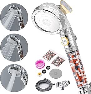 Filtered Handheld Shower Head for Hard-Water - High-Pressure Showerhead w/Filter Ionic Beads, 4-Mode w/ON/OFF Stop, Low Water Pressure Areas, Water Saving, Remove Chlorine, Reduces Dry Itchy Skin, Set
