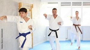 Kata karate teacher conducts classes and performs movements and fighting techniques together with students to prepare them for competitions. Stock Video