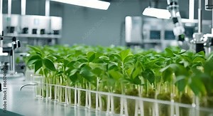 Biotechnology laboratory with equipment and samples of green plants for research