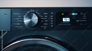 The washing machine control panel shows various settings, including time and options for optimal laundry care