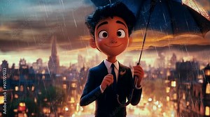 Animated employee in a suit holding an umbrella in the city during rain, seamless looping animation