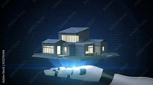 IoT smart home appliances on robot arm, internet of thing. 4k animation.