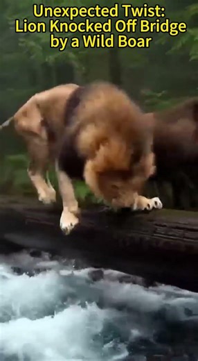 🦁 Epic Fail! Majestic Lion falls off bridge after getting spooked by a Boar! #Lion #Boar #Funny