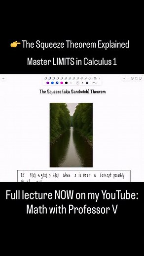 Professor V 👩‍🏫 on Instagram: "The Squeeze Theorem is one of those concepts in Calculus 1 that can feel super confusing… until you see it explained the right way. 🌊🍃 Think of a river narrowing down — once the banks meet, everything in the middle has to follow. That’s the intuition you need to finally master this theorem! This is just a brief overview — if you want the full step-by-step lesson with multiple examples, head over to my YouTube channel Math with Professor V. I’ve got an entire Ca