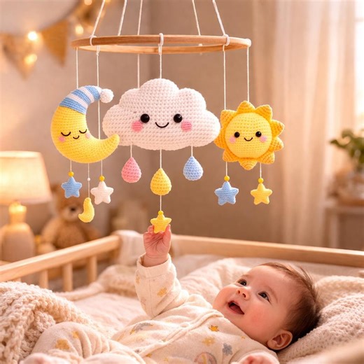 Sun Moon Cloud Baby Mobile Crochet Pattern PDF, Nursery Mobile DIY, Amigurumi Stars Raindrops, Crib Hanging Decor, Beginner Friendly - Etsy