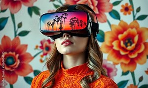 Exploring virtual reality landscapes with stunning sunsets and palm trees in a vibrant floral setting