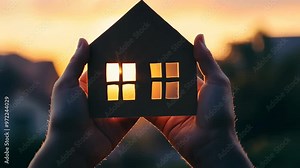 A hand holding a cardboard house with a sun shining through the windows. Scene is warm and inviting, as if the sun is shining on a cozy home Stock Video