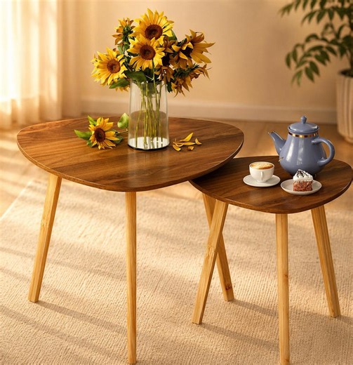 Walnut Wood Nesting End Table Set of 2, Small Side Coffee Table, Mid Century Modern Triangle Table Nest Table Set 2 Livingroom Furniture - Etsy
