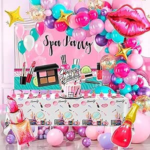 Makeup Birthday Party Decorations, 101 Pcs Spa Birthday Party Decorations, Spa Party Balloons Backdrop Cake Toppers Tablecloth etc