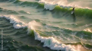 a man skillfully rides a wave on top of his surfboard, showcasing his balance and control in the thrilling sport of surfing, A bird's eye view of thrilling waves perfect for surfing, AI Generated