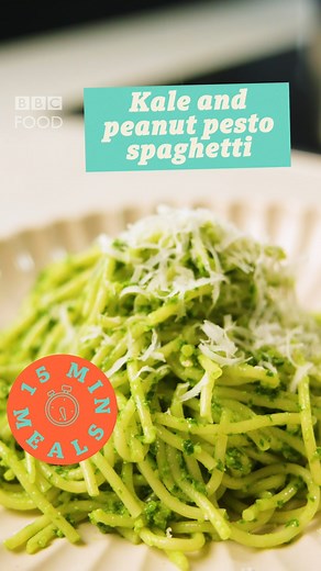 Next up in our 15 minute meals is kale and peanut pesto spaghetti! The whole meal can be ready in the time it takes to cook the spaghetti and costs just 80p per portion! https://www.bbc.co.uk/food/recipes/spaghetti_with_kale_and_99704 | BBC Food