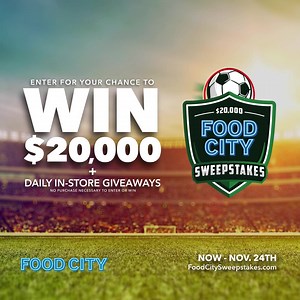 357 reactions · 47 shares | Go to your local Food City from November 5-24, 2022 and with a minimum $20 purchase, you’ll receive an entry into the Food City Soccer Sweepstakes for a chance to win $20,000 in cash! Plus daily in-store giveaways! Learn more at FoodCitySweepstakes.com NO PURCHASE NECESSARY TO ENTER OR WIN. Mail-in entries must be received no later than Nov. 20, 2022 and mailed to: PO Box 97464, Phoenix, AZ 85060 | Food City | Facebook
