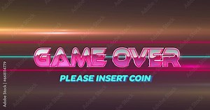 Animation of game over please insert coin text over neon banner and light trails on grey background