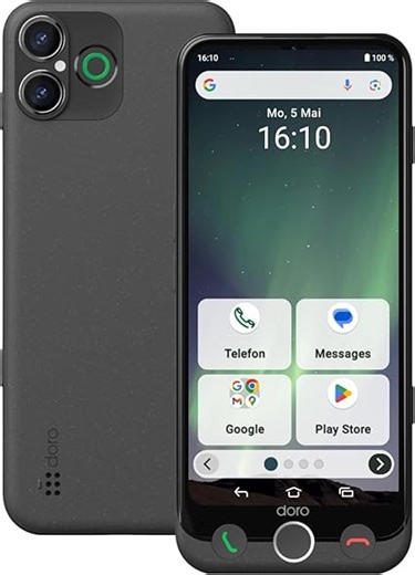 Doro - Aurora A30 Smartphone - Seniorenhandy - Einfach zu bedienen - Hilfetaste mit GPS-Ortung - Hörgerätekompatibel - Inklusive USB-Kabel - Graphit