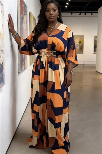 ChicMe Women's Colorblock Geometric Print V-Neck Batwing Sleeve Shirred Back Overalls Casual Cinched Waist Pleated Waist Zipper Back Wide Leg Jumpsuit#ootd #fashion #tiktokmademebuyit #fyp #jumpsuit