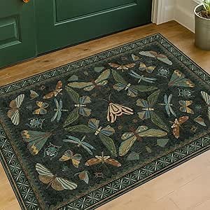 2x3 Entry Way Rugs Indoor - Dark Green Small Throw Rug for Kitchen, Bathroom, Insect Boho Design, Washable Non Slip Stain Resistant
