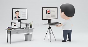 Stylized 3D Illustration of Man Adjusting Computer Monitor on Tripod in Home Office Stock Illustration - Illustration of rendering, modern: 361525519