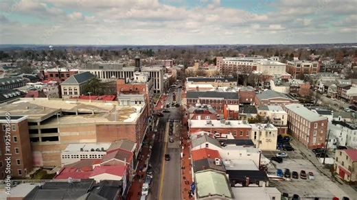 Aerial view of downtown West Chester, Pennsylvania historic district buildings and streets