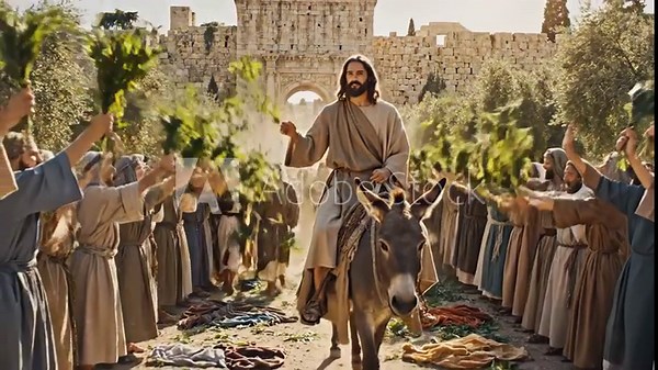 Jesus Christ's Triumphal Entry into Jerusalem on Palm Sunday - A depiction of Jesus Christ riding a donkey while entering Jerusalem, greeted by a crowd holding palm branches.