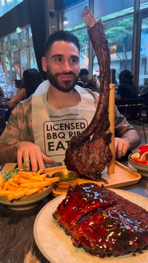 🥩 A MUST VISIT Sydney Steak Restaurant 🥩 and we CANT BELIEVE WE HAD NEVER HEARD OF THIS RESTAURANT BEFORE. They have three locations and serve top quality, premium steaks, tomahawks and ribs. Starting with a hot stone dropped off to your table so you can cook the most delicious marble score 7 wagyu beef yourself. Next was their spreadable bone marrow butter candle. Followed by some of the best, fall off the bone pork ribs. This was their half rack! Ending on their mango, vanilla and white choc