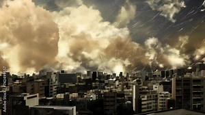 A massive explosion cloud spreading over an urban skyline, with buildings casting dark shadows