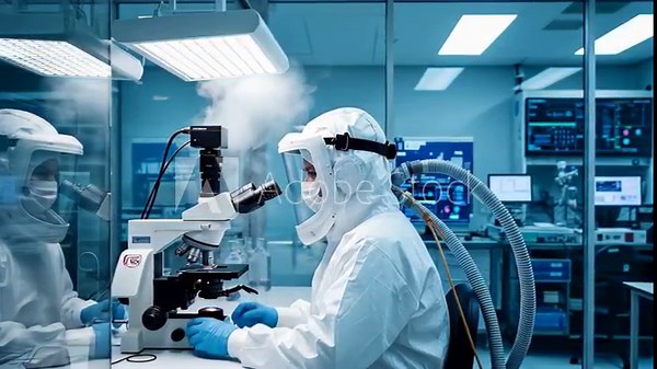 Scientist in a full cleanroom suit and mask examines a sample under a microscope in a high tech, brightly lit laboratory