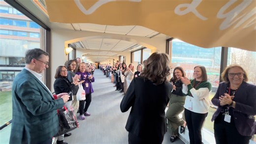 A tunnel walk for a Nebraska Medicine icon! Julie Lazure started here as a phlebotomist in 1987 before becoming a nurse in 1989. Over the years, she led several units, became an executive director and eventually the VP of Operations at Bellevue Medical Center. Julie is retiring at the end of the year, but she is so beloved, many of her colleagues formed a long tunnel to send her off Nebraska style! Thanks, Julie, for all the extraordinary care you've provided and best of luck in the future! | Ne