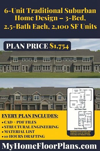 6 Unit Traditional Suburban Home Design – 3 Bed, 2 5 Bath Each, 2,100 SF Units
