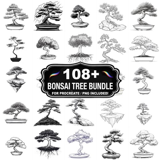 108  Bonsai Tree Design Stamps, Japanese Mini Tree Set, Instant Download - Etsy