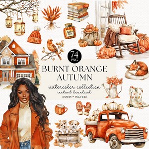 Burnt Orange Autumn Watercolor Clipart Bundle: Cottagecore Pngs (digital Download) - Etsy