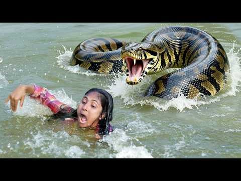 Giant Snake Attacks Brave Hunters in water