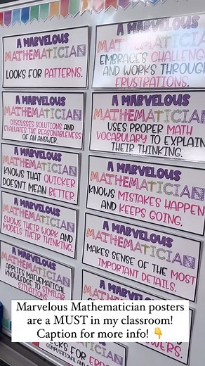 These FREE Marvelous Mathematician posters have been a staple in my classroom for the last 8 years! I first started using a version from MissMathDork and adapted them for my classroom over the years. ✍️ I print, laminate, and add magnetic stickers on the back. At the beginning of the year, I only put one or two up at a time depending on our area of focus. Now, they are all hanging on my board, and I’ll pull out different ones depending on our area of focus. They are so empowering to my mathemati