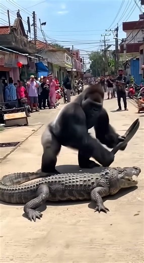 Gorilla Stands Up to Massive Crocodile #shorts #animals