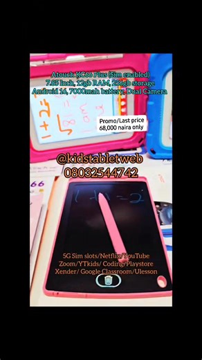 Atouch KC66plus, 7.85 Inch display , 256GB storage with memory card slot for extra storage, 12GB RAM, 5G (SIM ENABLED), Android 16, 7000mah battery, Front and Back Camera Promo/Last Price - 68,000 naira ✅️✅️✅️ Actual Price - 75,000 naira ❌️❌️❌️ DELIVERY IS NOT FREE‼️ Supports Wifi, SIM, Bluetooth, Xender, Playstore YouTube,Netflix ,Zoom, Coding, YouTube Kids, Google Meet... Payment on delivery nationwide but delivery fee to be paid upfront. Thank you‼️‼️ Free accessories: Touchpen, Eye Glass, St